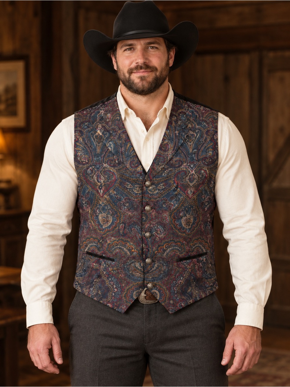 Wah Maker True West Paisley Vest Mens XL Western Waistcoat Made USA